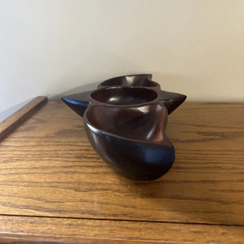 Vintage Solid Wood Bowl Divided Nut Dish Coin Tray Geometric MCM‎ Rare Shape